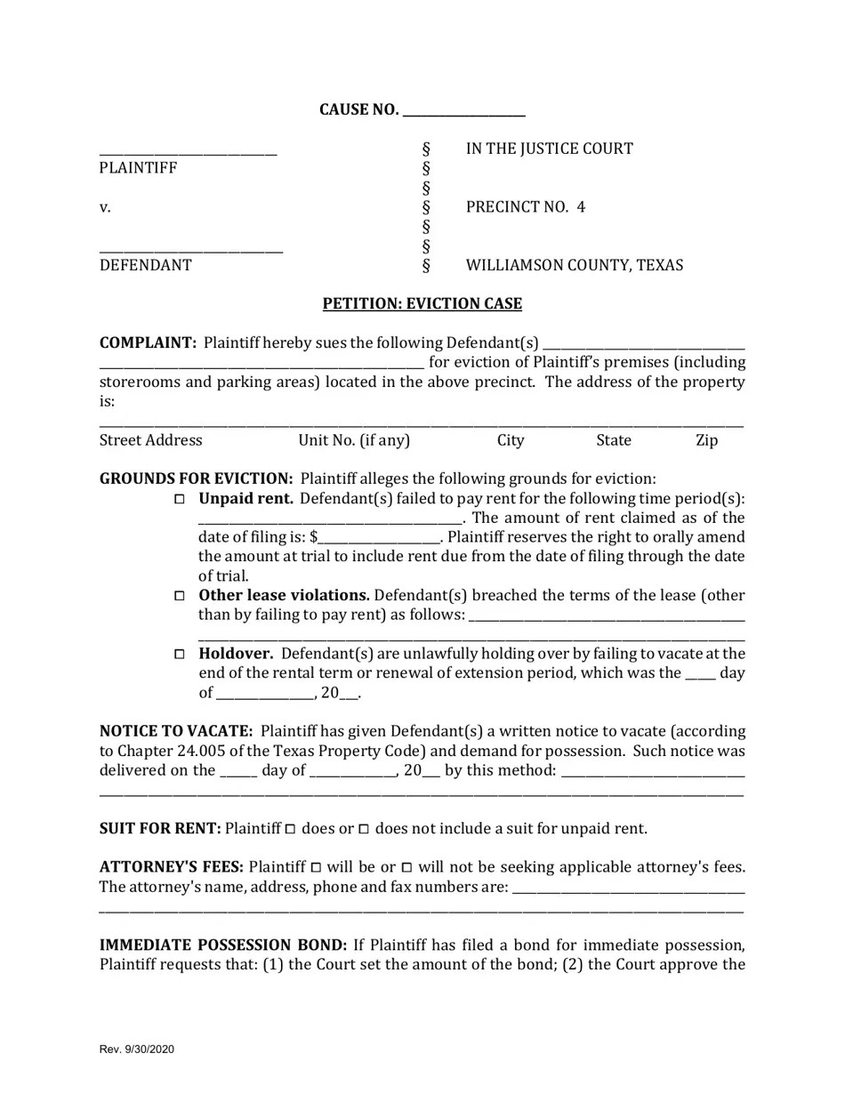Williamson County, Texas Petition Eviction Case Precinct Four Fill Out, Sign Online and