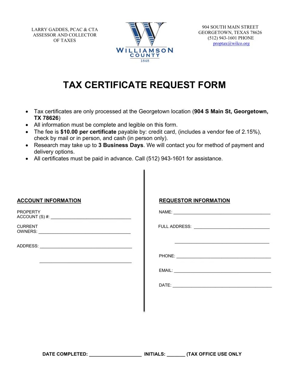 Williamson County, Texas Tax Certificate Request Form Download Fillable