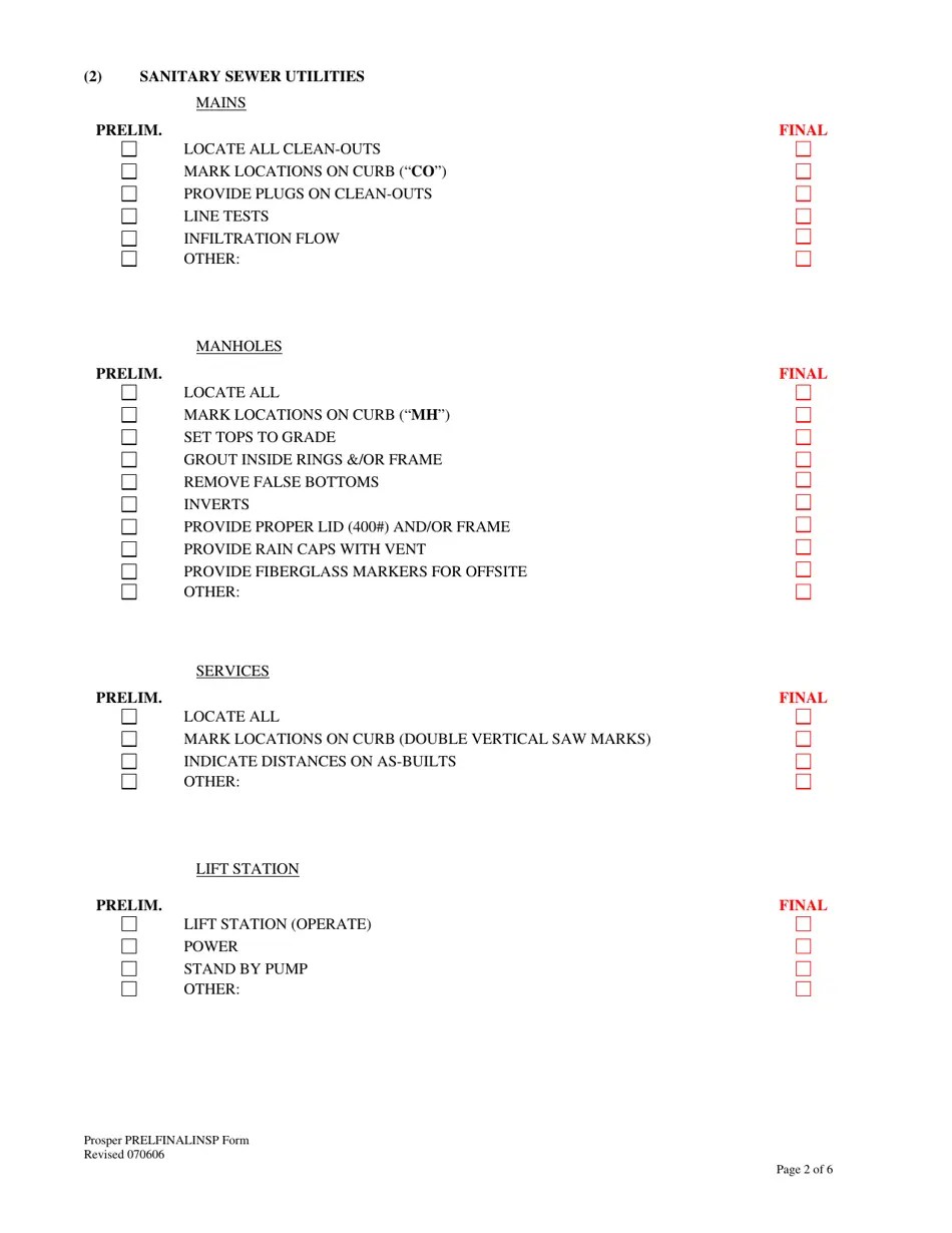 Town of Prosper, Texas Preliminary/Final Inspection Checklist Fill