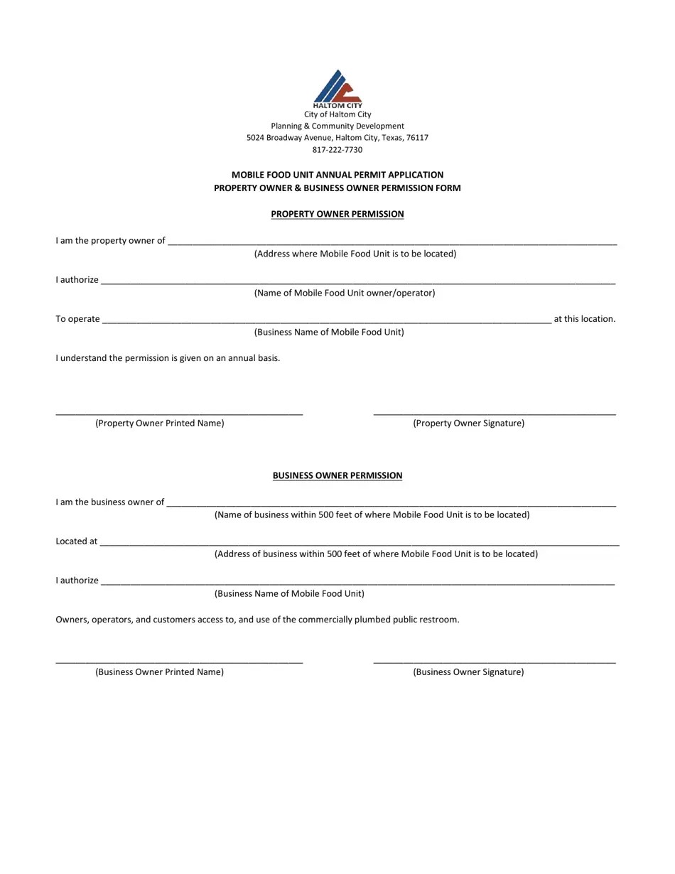 Haltom City, Texas Mobile Food Unit Annual Permit Application Fill