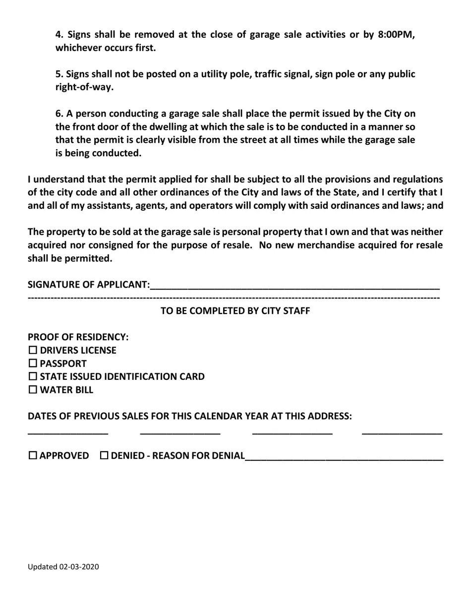 Haltom City, Texas Garage Sale Permit Application Fill Out, Sign