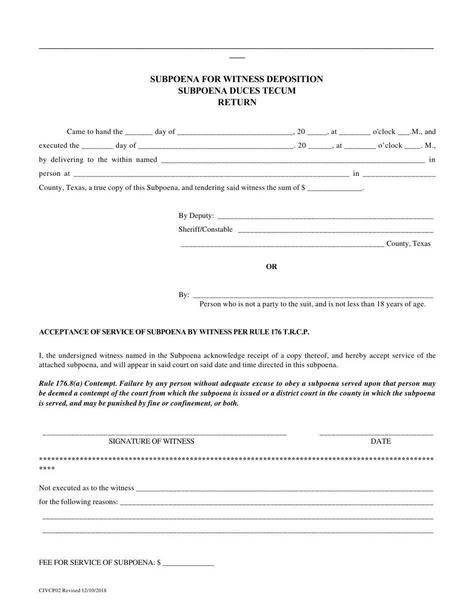 Form CIVCP02 Download Fillable PDF or Fill Online Subpoena for Witness