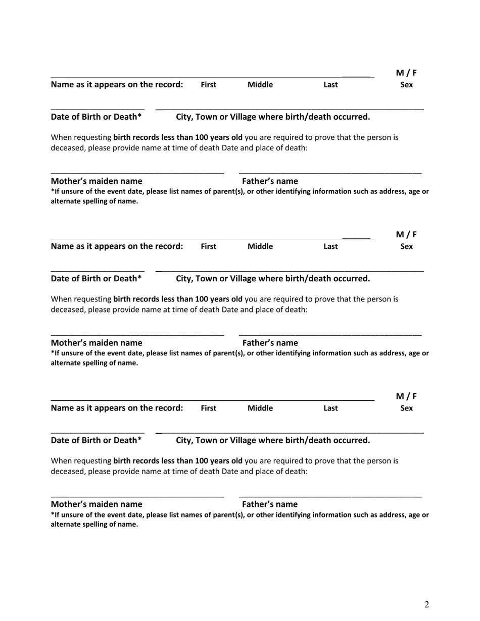 Chemung County, New York Application for a Genealogy Record of Birth or