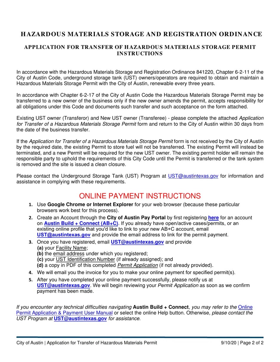 City of Austin, Texas Application for Transfer of a Hazardous Materials