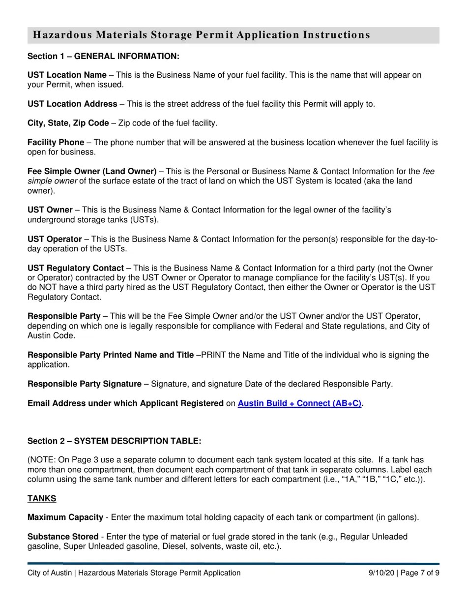 City of Austin, Texas Hazardous Materials Storage Permit Application