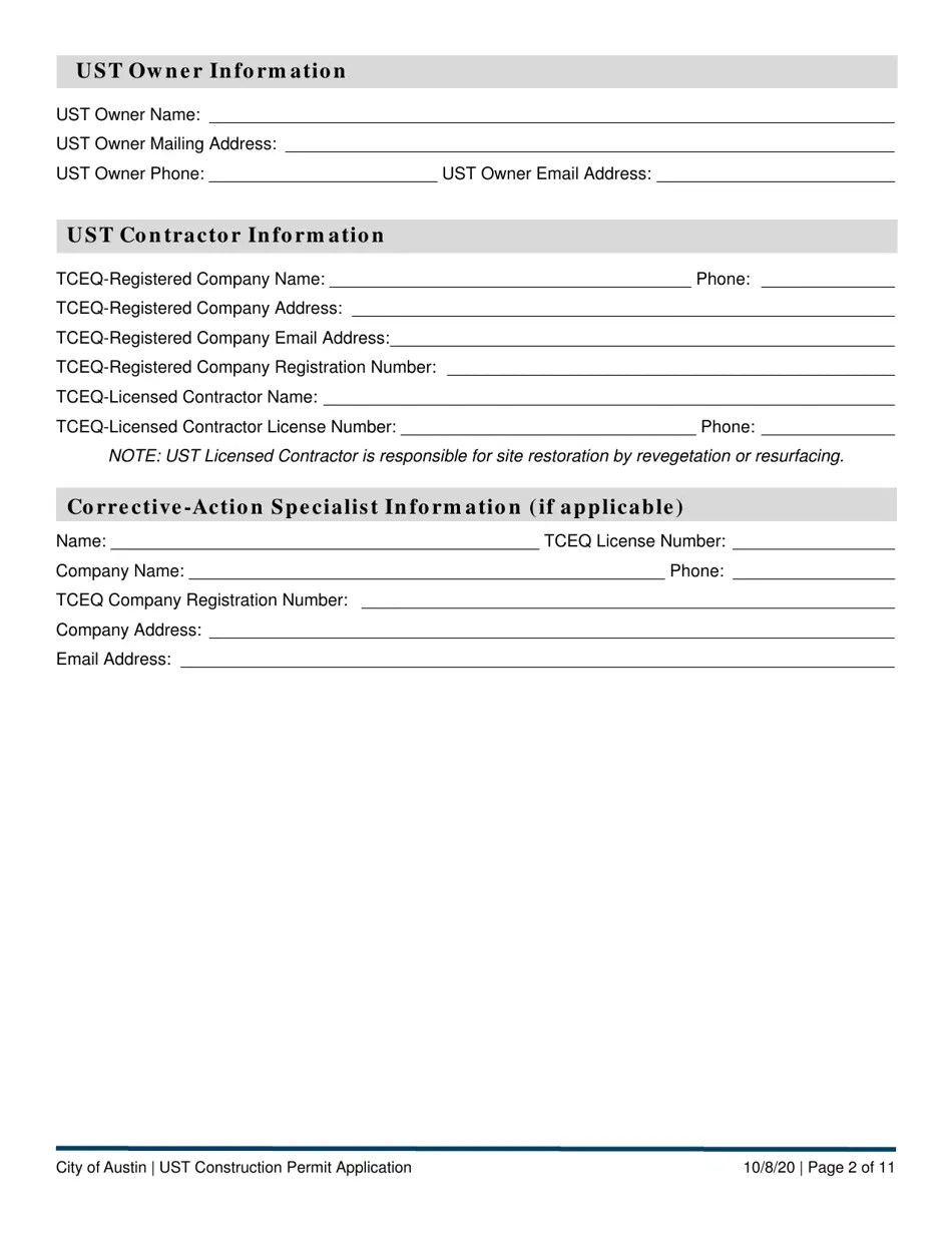 City of Austin, Texas Ust Construction Permit Application Underground
