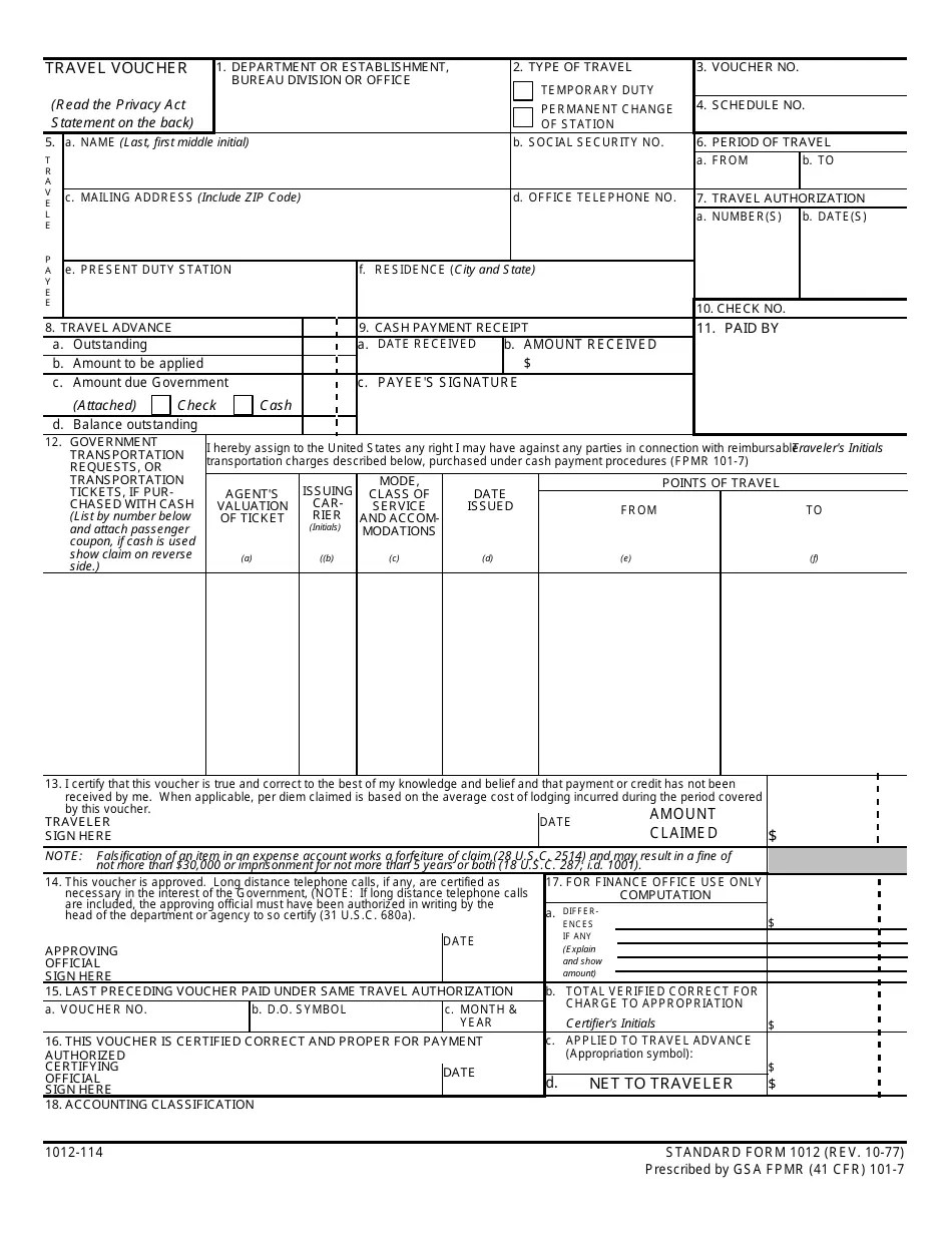 Form SF1012 Fill Out, Sign Online and Download Fillable PDF