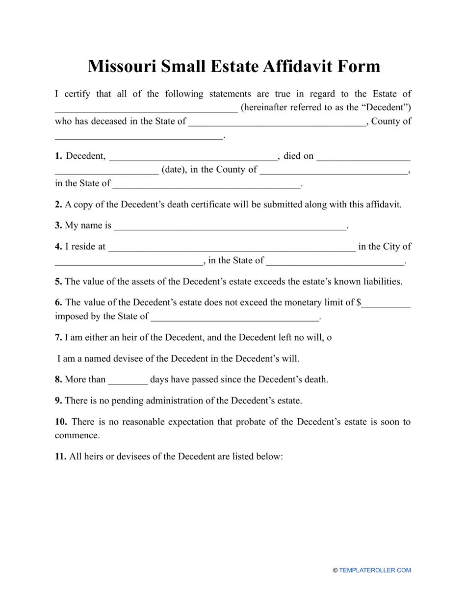 Missouri Small Estate Affidavit Form Fill Out, Sign Online and