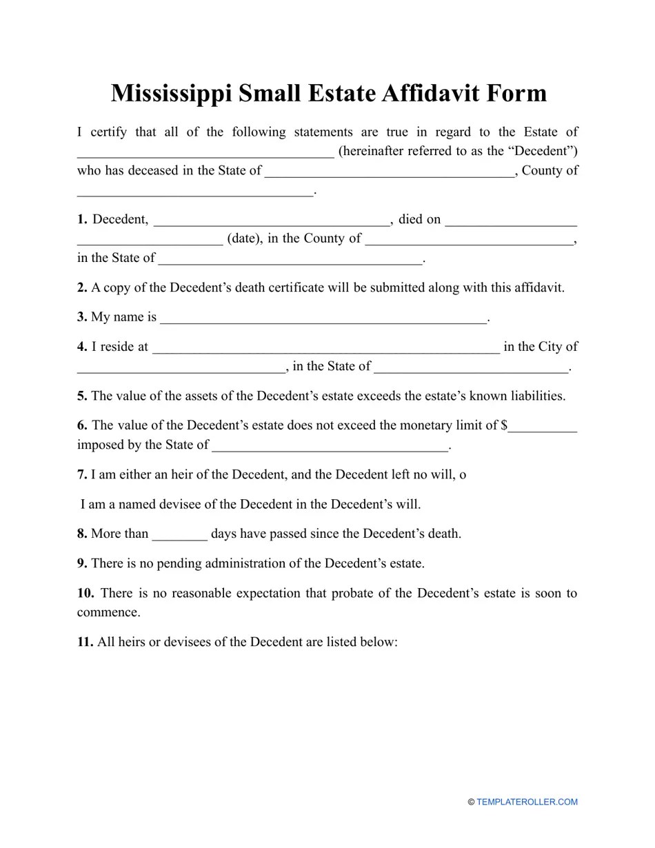 Mississippi Small Estate Affidavit Form Fill Out, Sign Online and