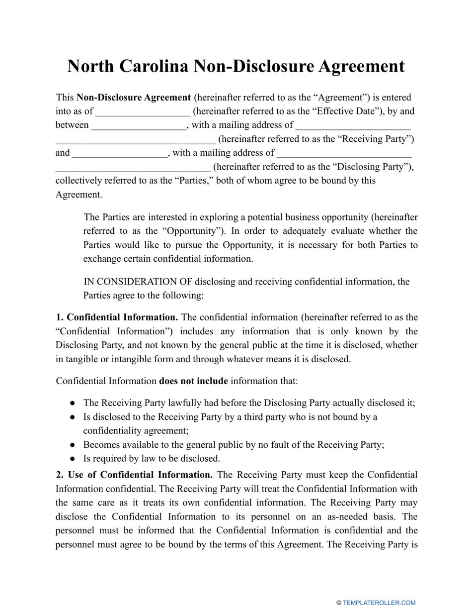 North Carolina Nondisclosure Agreement Template Fill Out, Sign
