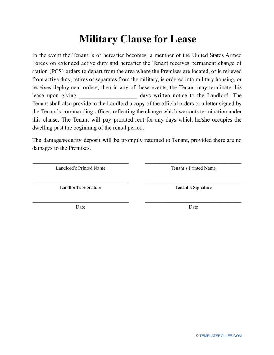 Military Clause for Lease Template Fill Out, Sign Online and Download