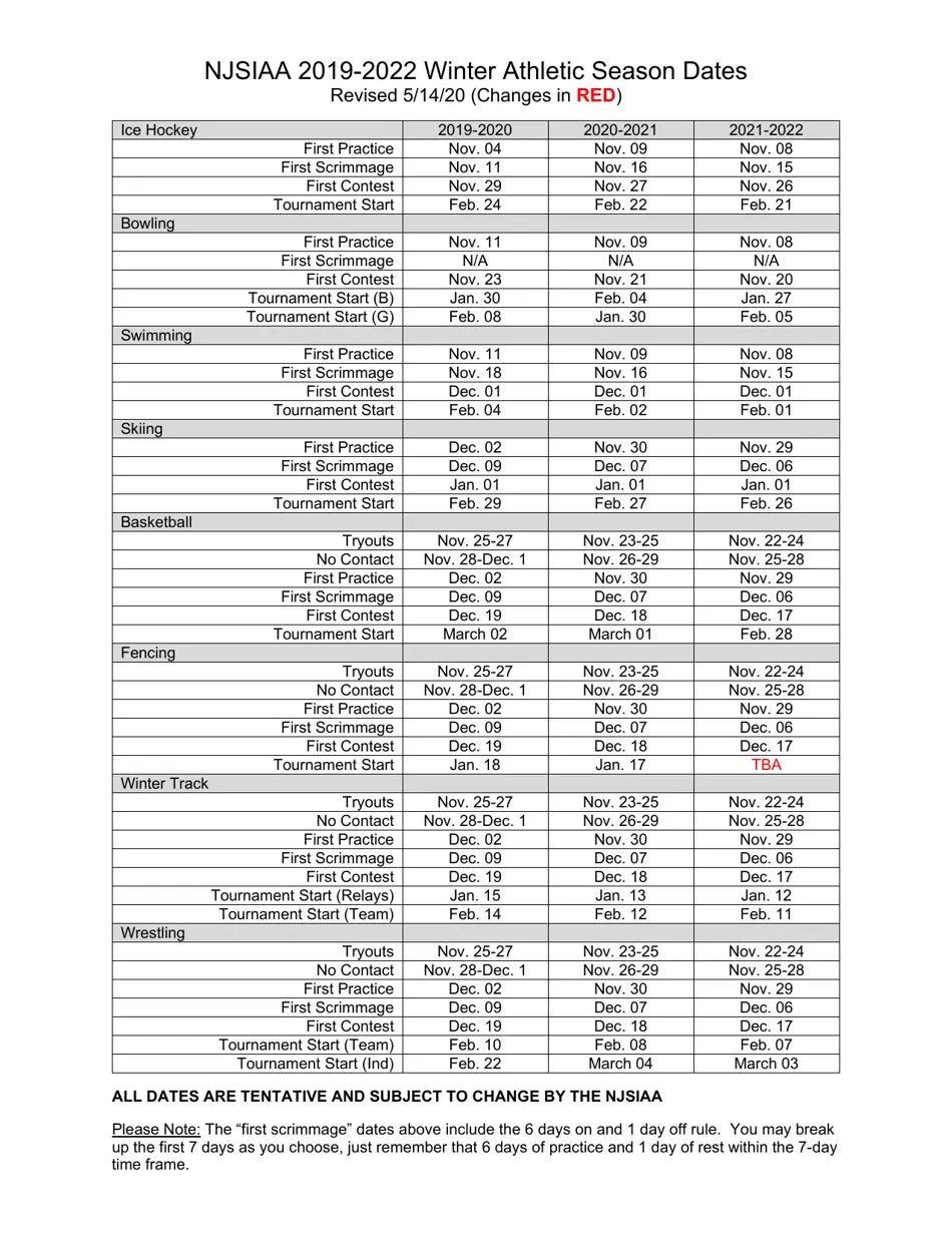 New Jersey Njsiaa 20192022 Athletic Season Dates Download Printable