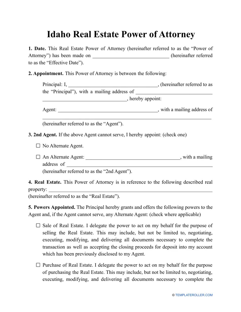 Idaho Real Estate Power of Attorney Template Fill Out, Sign Online