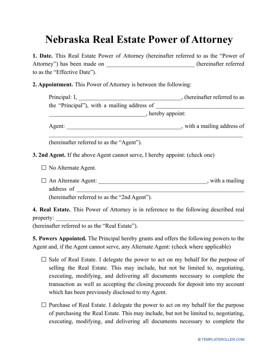 Nebraska Real Estate Power of Attorney Template Fill Out, Sign Online
