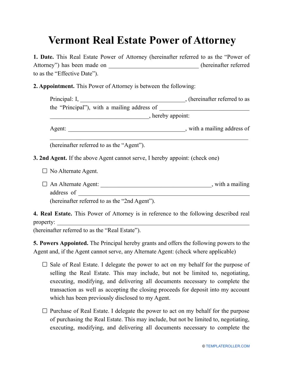 Vermont Real Estate Power of Attorney Template Fill Out, Sign Online