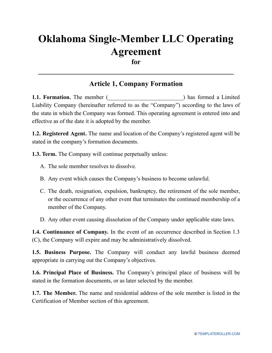Oklahoma SingleMember LLC Operating Agreement Template Fill Out