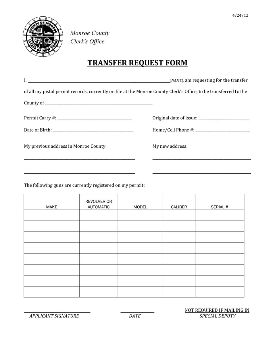Monroe County, New York Pistol Permit Transfer Request Form Fill Out
