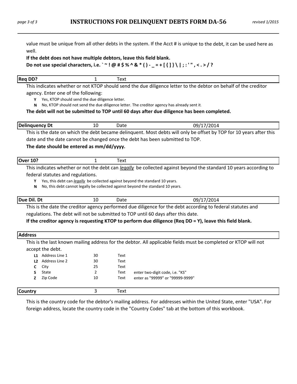 Download Instructions for Form DA56 List of Delinquent Accounts