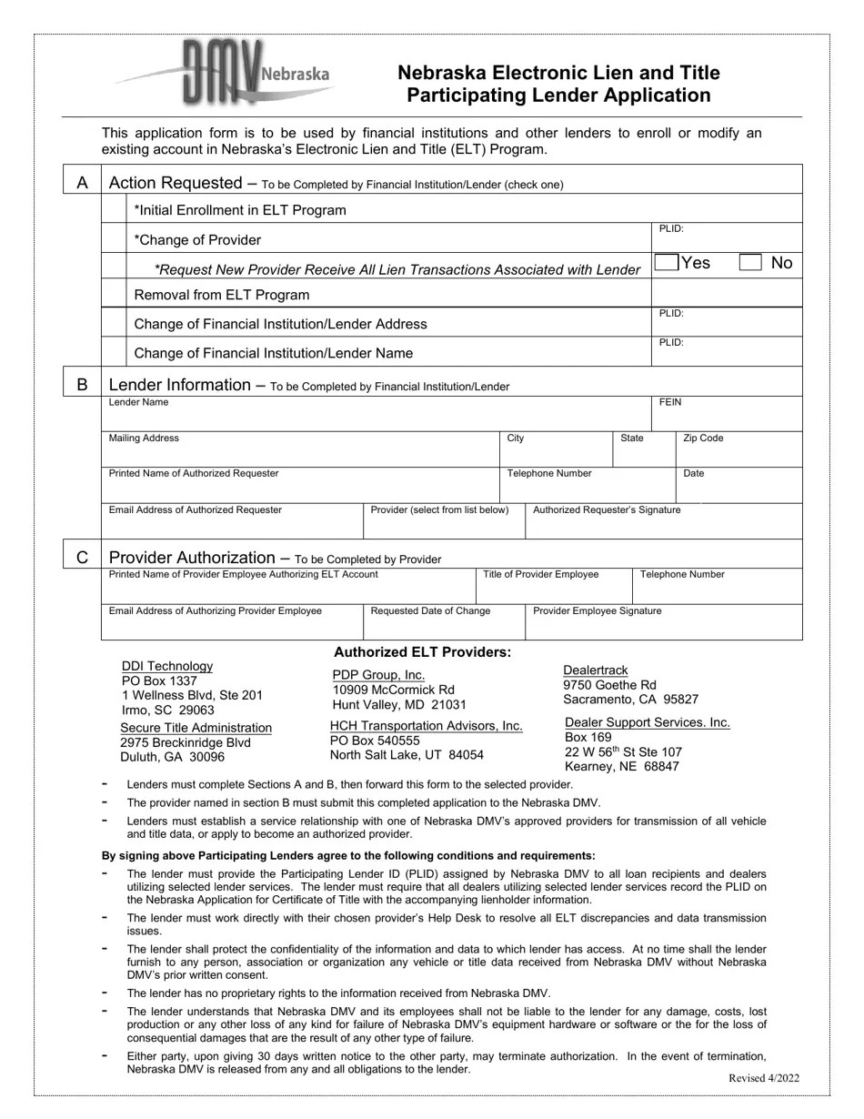 Nebraska Nebraska Electronic Lien and Title Participating Lender Application Download Printable