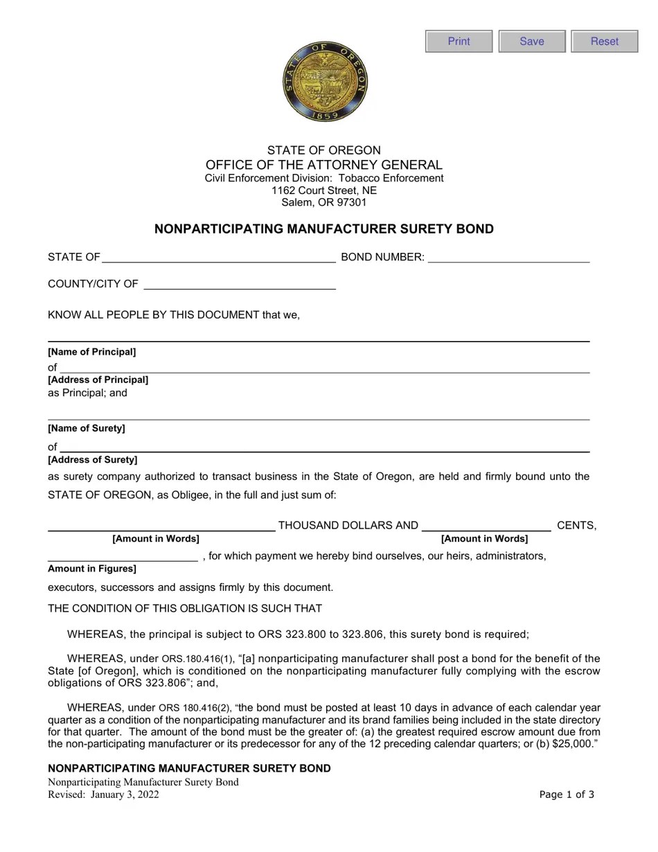 Oregon Nonparticipating Manufacturer Surety Bond Fill Out, Sign