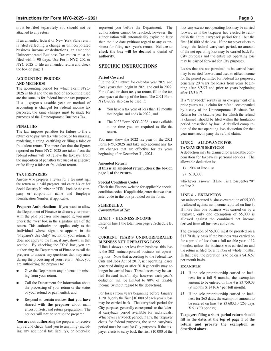 Download Instructions for Form NYC202S Unincorporated Business Tax