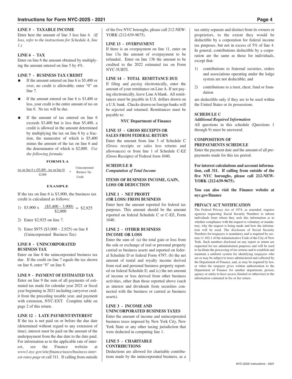 Download Instructions for Form NYC202S Unincorporated Business Tax