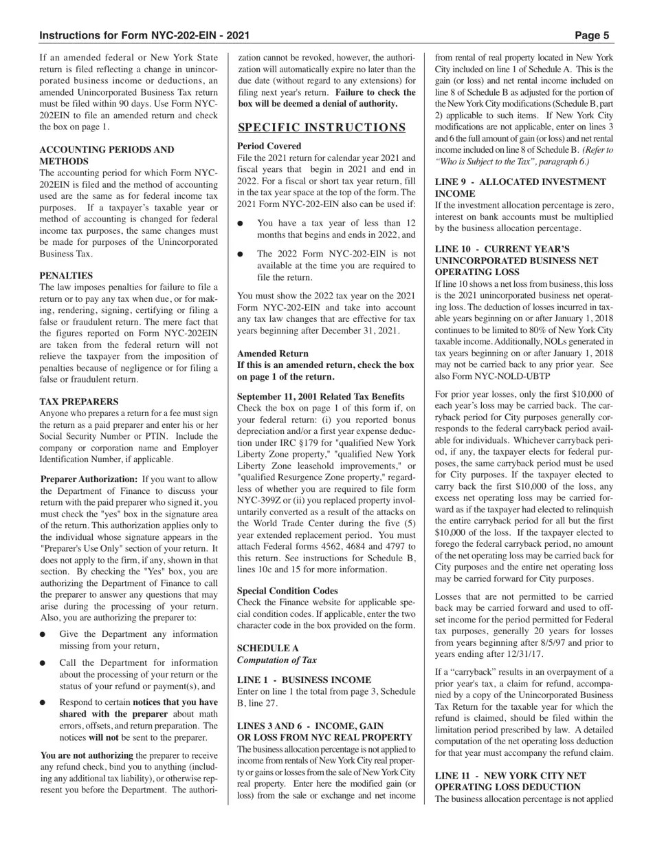 Download Instructions for Form NYC202EIN Unincorporated Business Tax