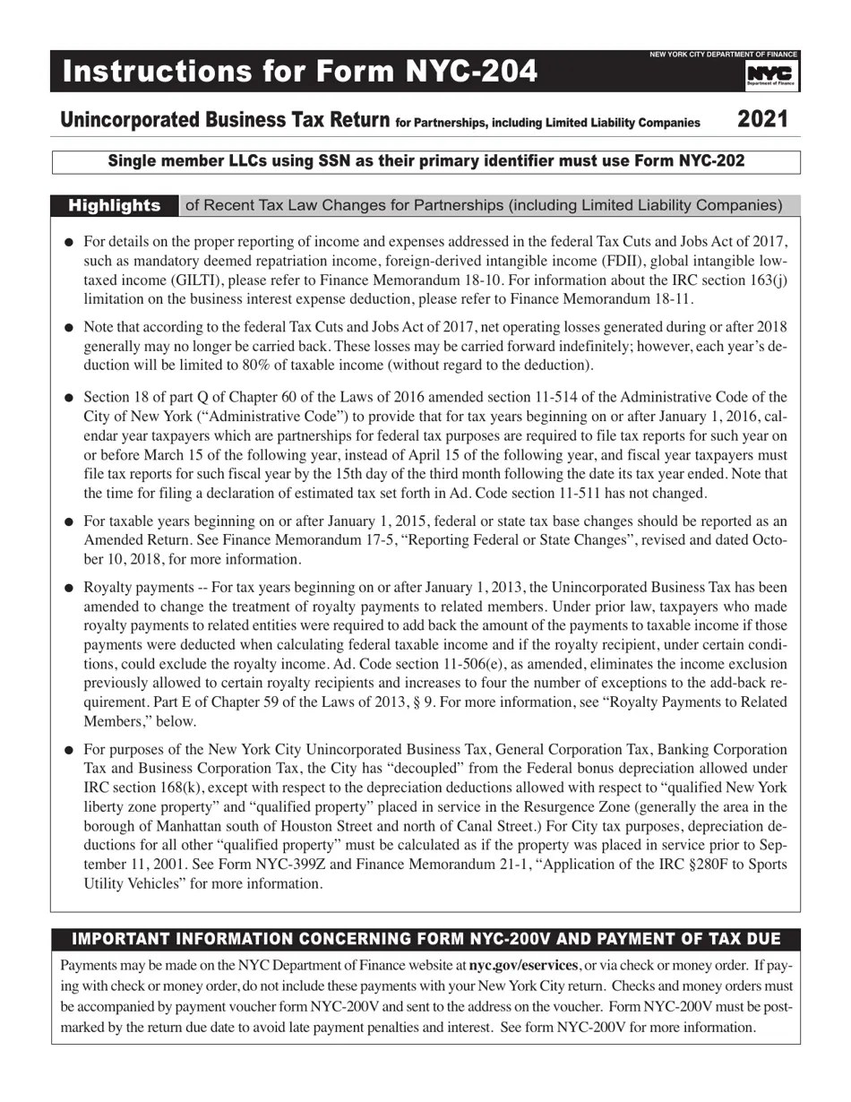 Download Instructions for Form NYC204 Unincorporated Business Tax