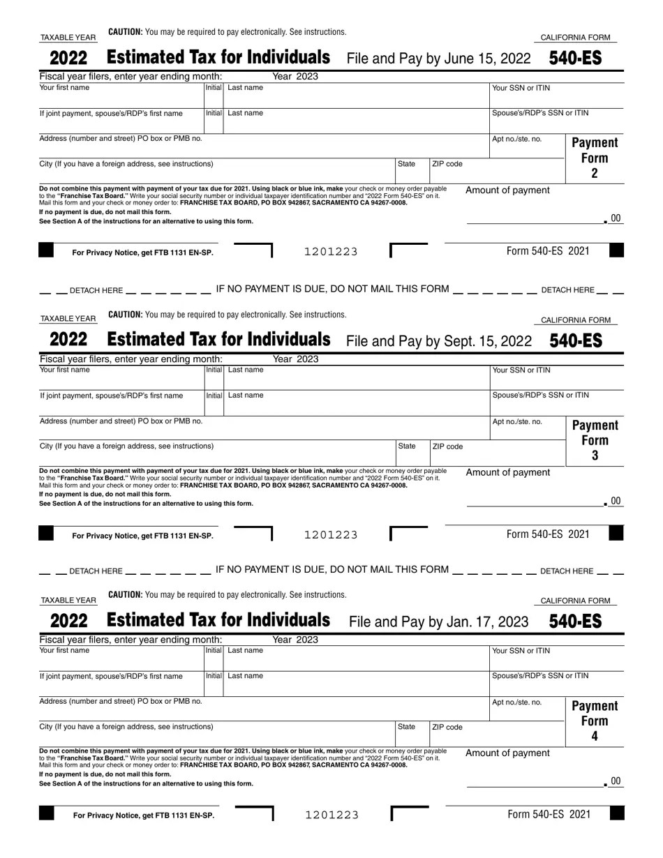 Form 540ES Download Fillable PDF or Fill Online Estimated Tax for
