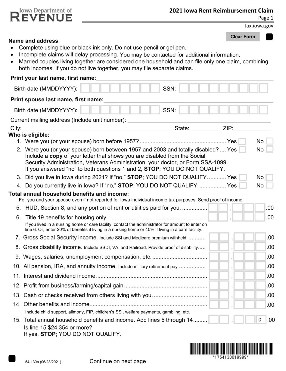 Form 54130 Download Fillable PDF or Fill Online Iowa Rent