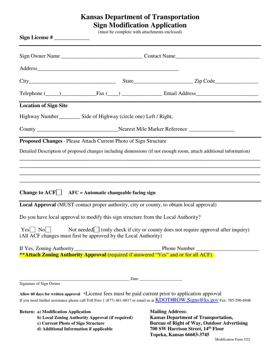 Kansas Sign Modification Application Download Printable PDF 2019 — 2024