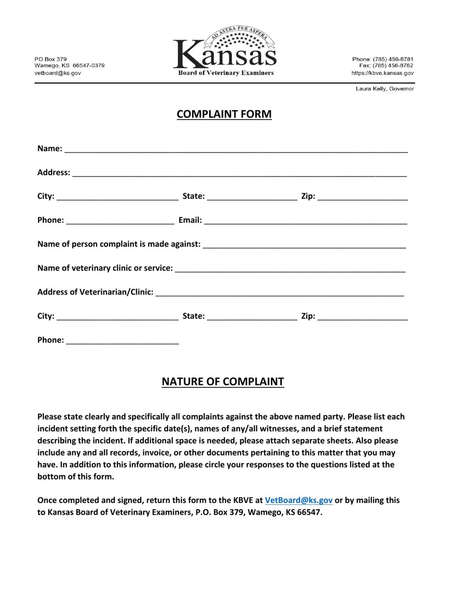 Kansas Complaint Form Fill Out, Sign Online and Download PDF