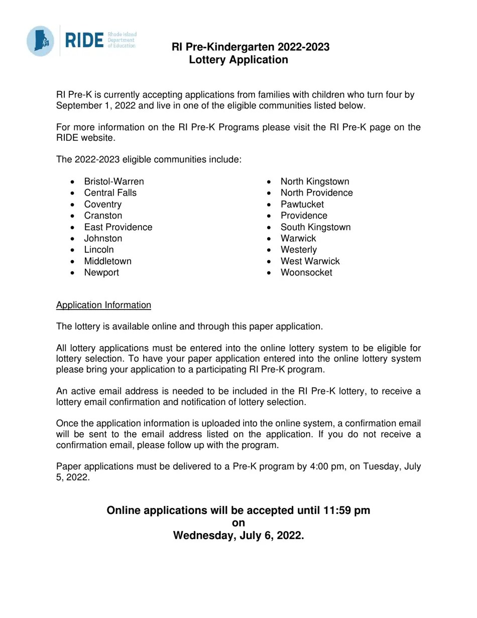 2023 Rhode Island Prekindergarten Lottery Application Fill Out, Sign