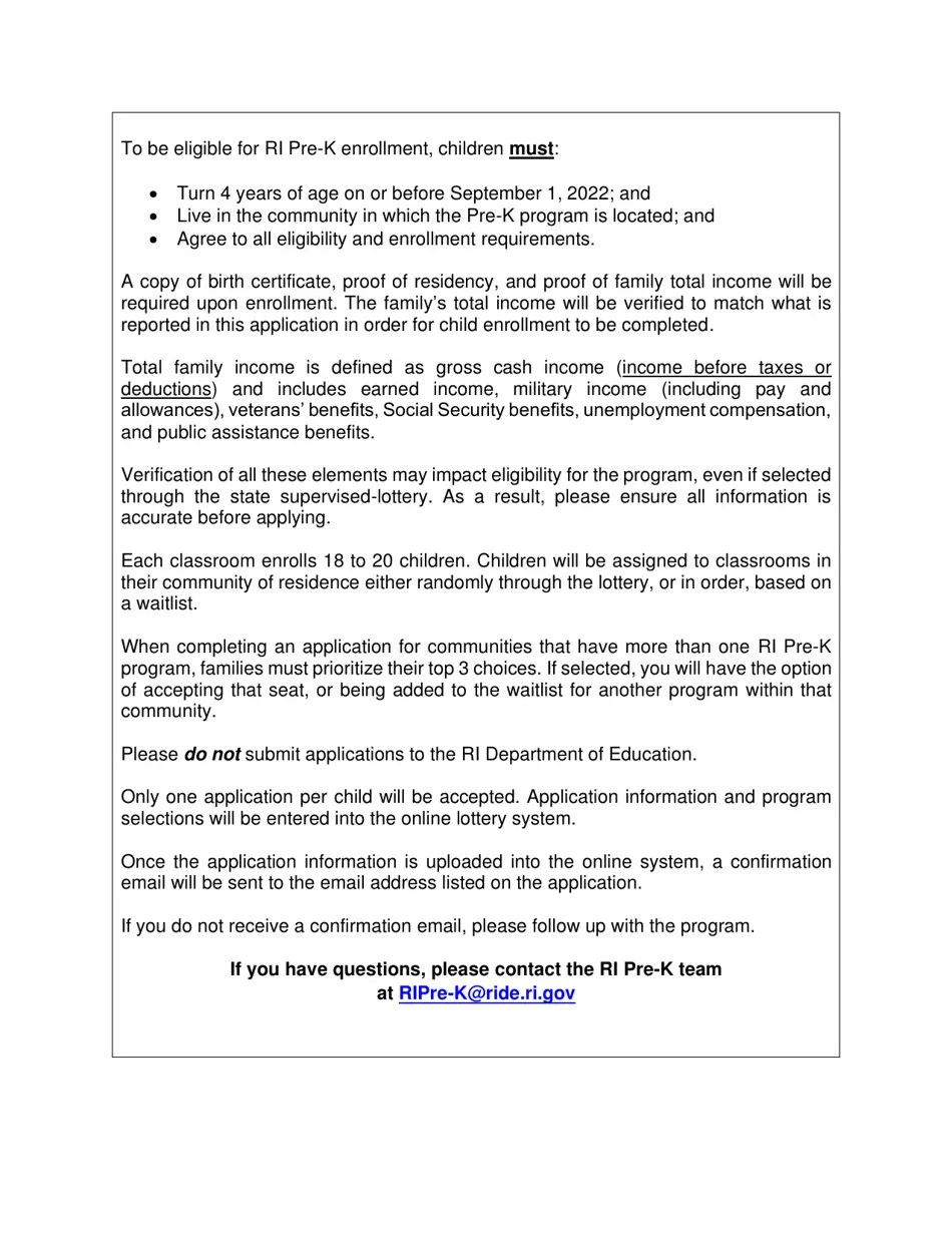 2023 Rhode Island Prekindergarten Lottery Application Fill Out, Sign