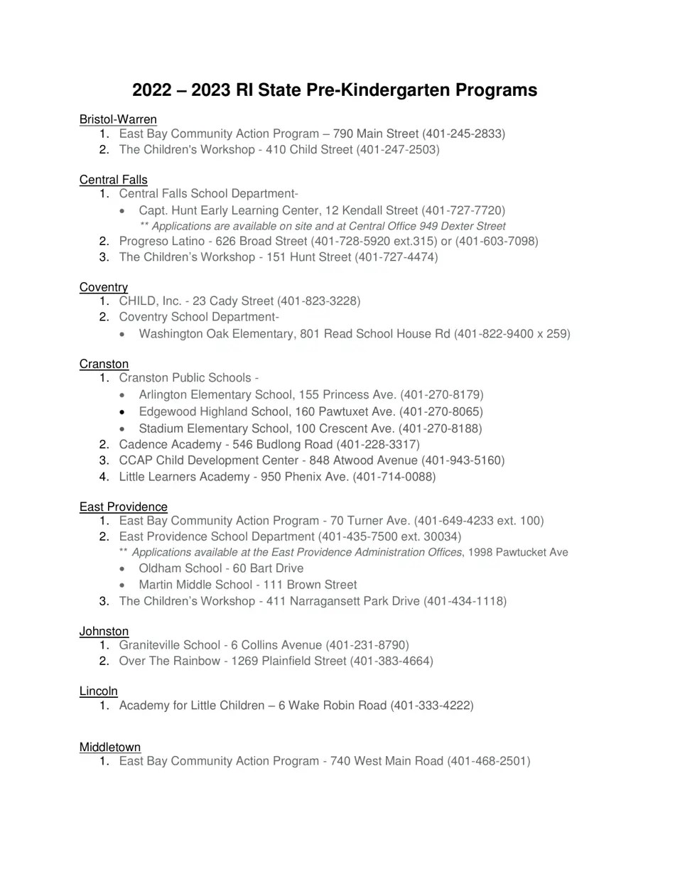 2023 Rhode Island Prekindergarten Lottery Application Fill Out, Sign