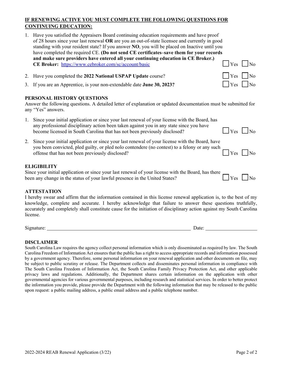 2024 South Carolina Appraiser Renewal Application Fill Out, Sign