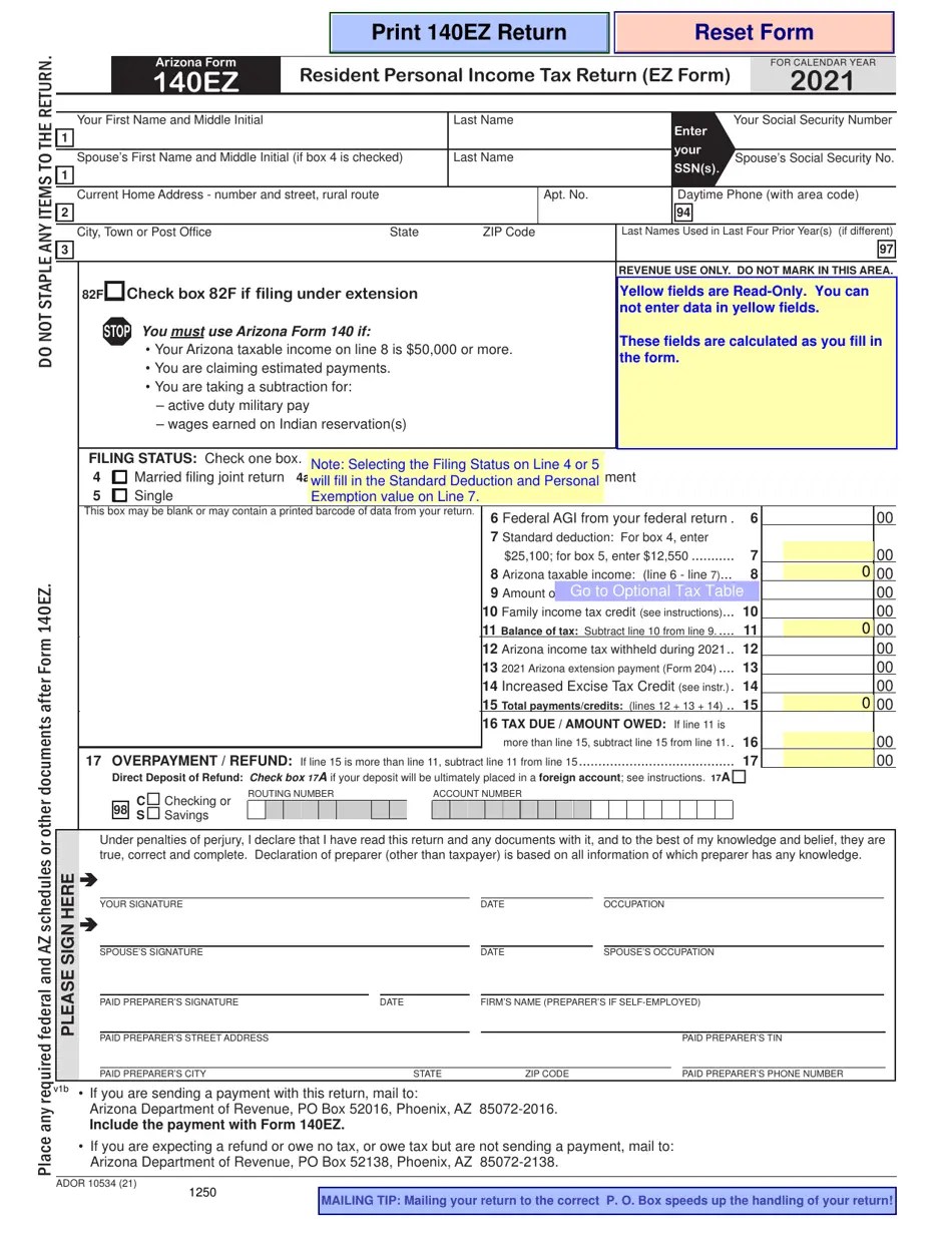 Arizona Form 140EZ (ADOR10534) Download Fillable PDF or Fill Online