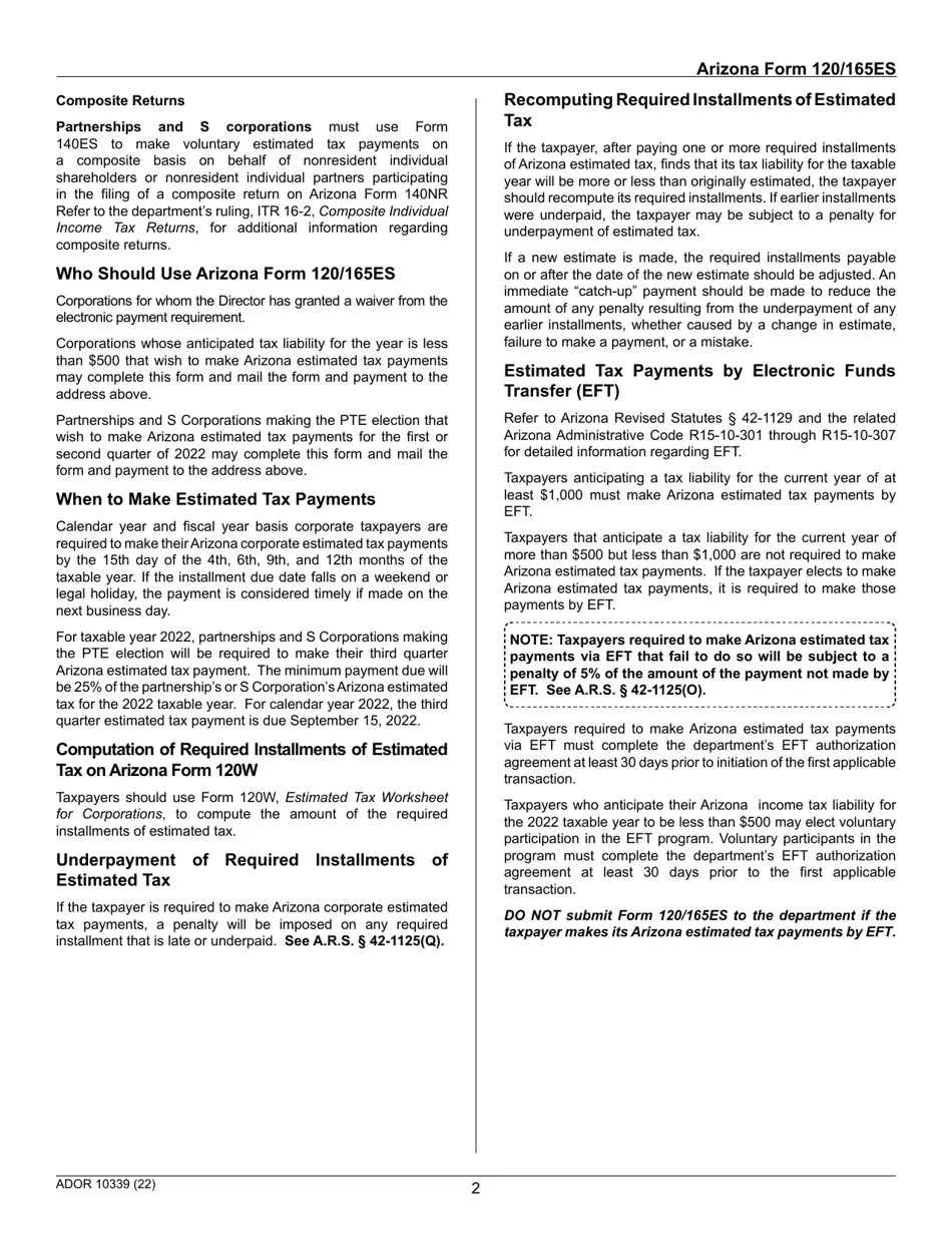 Arizona Form 120/165ES (ADOR10339) 2022 Fill Out, Sign Online and
