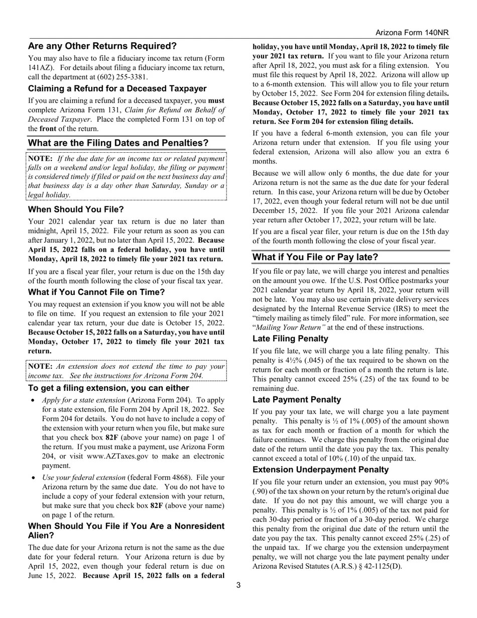 Download Instructions for Arizona Form 140NR, ADOR10413 Nonresident