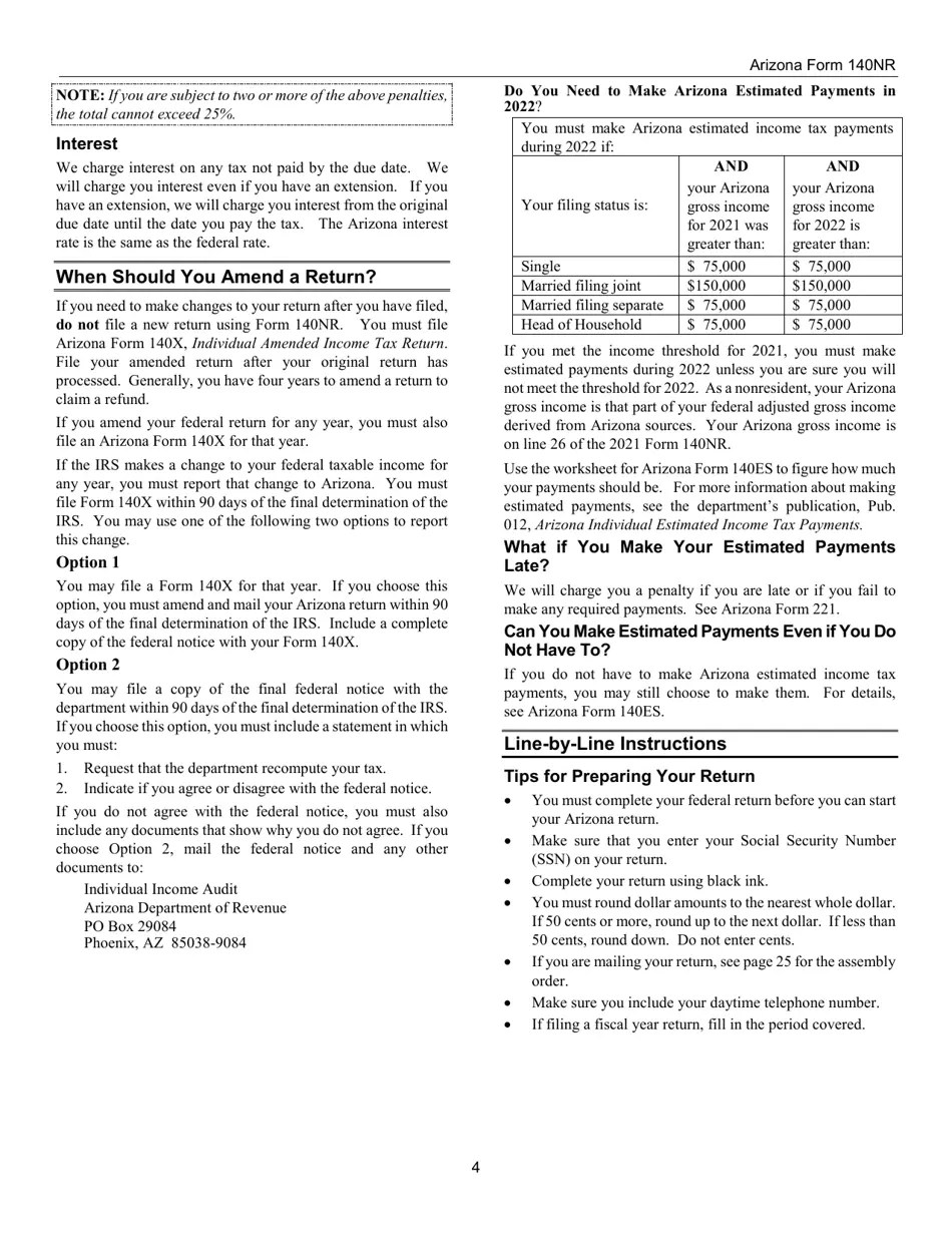 Download Instructions for Arizona Form 140NR, ADOR10413 Nonresident