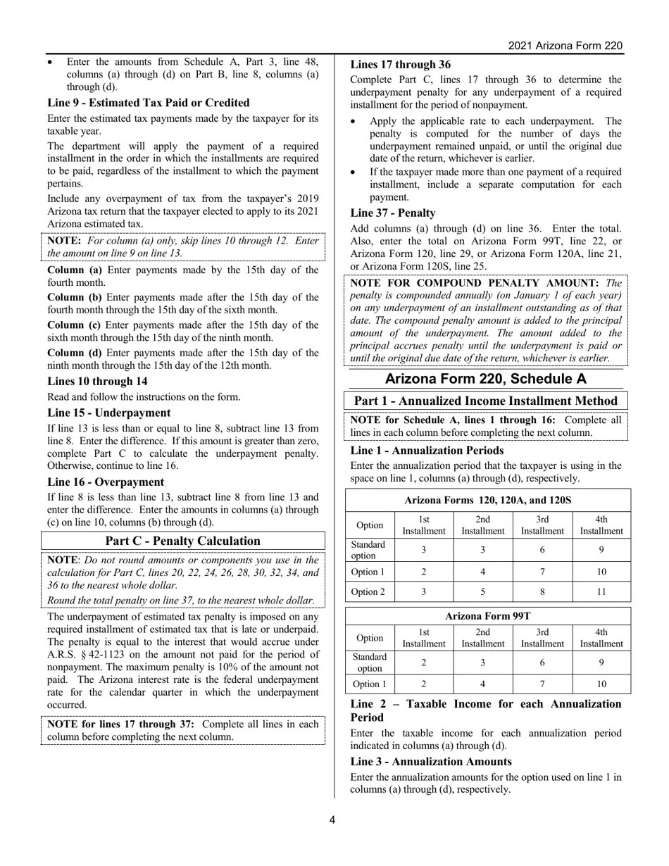 Download Instructions for Arizona Form 220, ADOR10342 Underpayment of