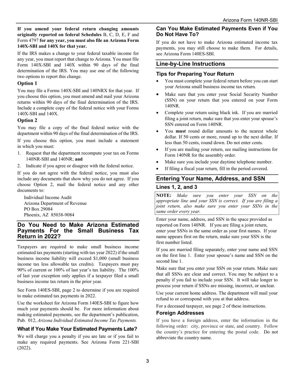 Download Instructions for Arizona Form 140NRSBI, ADOR11408 Small