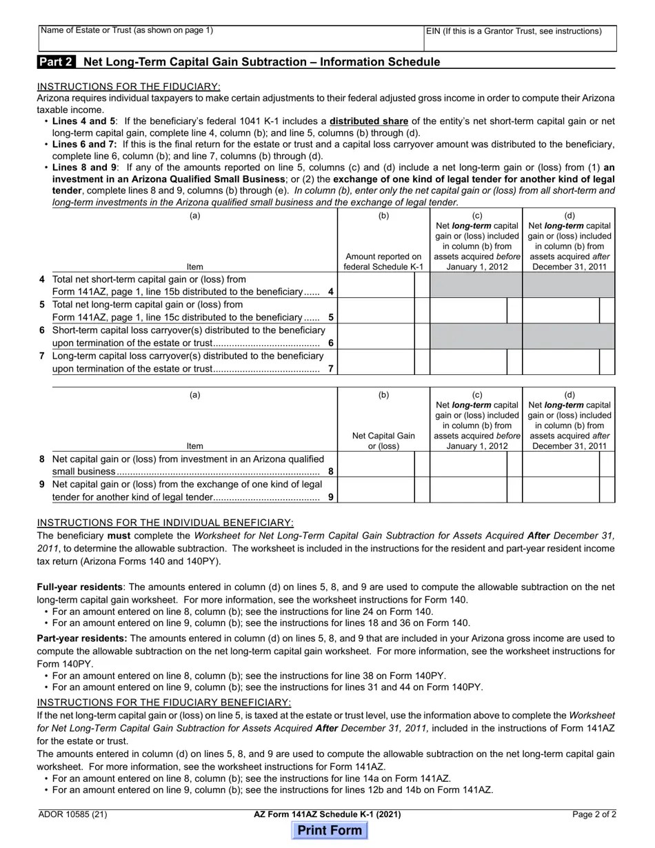 Arizona Form 141AZ (ADOR10585) Schedule K1 2021 Fill Out, Sign