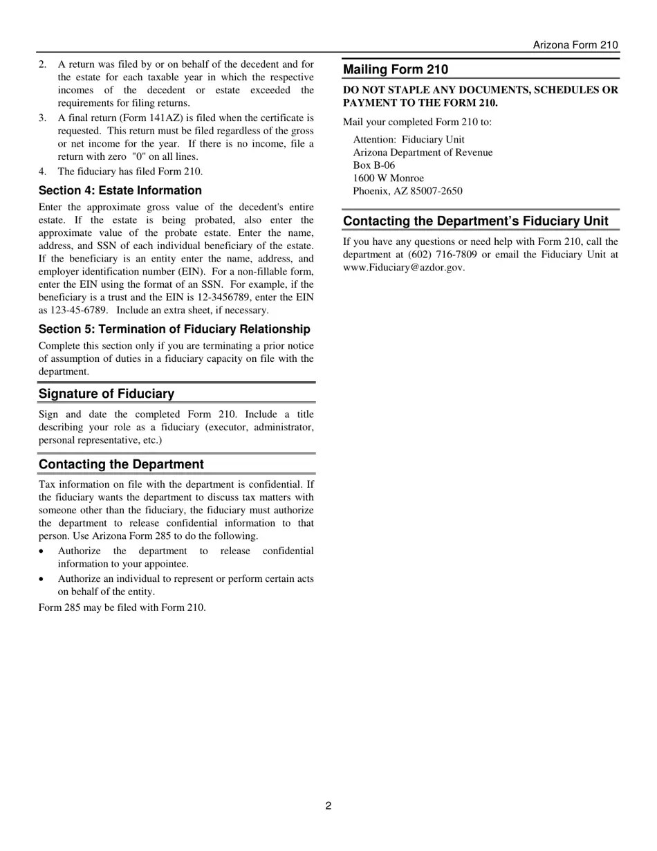 Download Instructions for Arizona Form 210, ADOR10124 Notice of