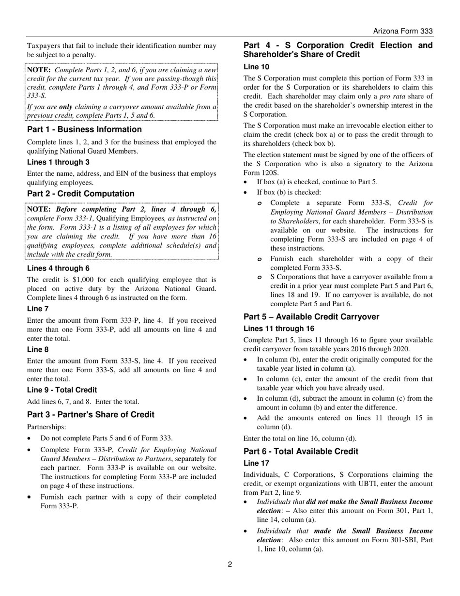 Download Instructions for Arizona Form 333, ADOR10714, Arizona Form 333