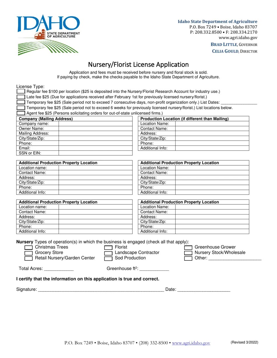 Idaho Nursery/Florist License Application Fill Out, Sign Online and