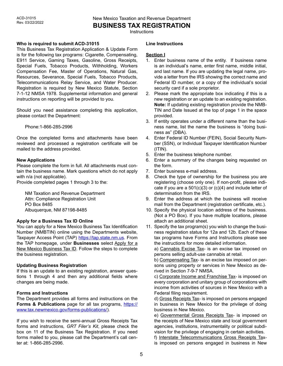 Form ACD31015 Download Fillable PDF or Fill Online Business Tax
