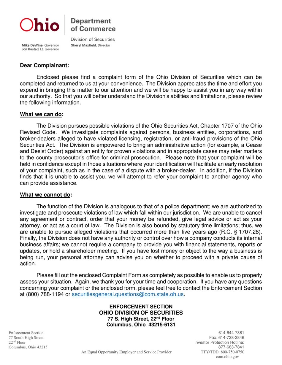 Ohio Securities Complaint Form Download Printable PDF Templateroller