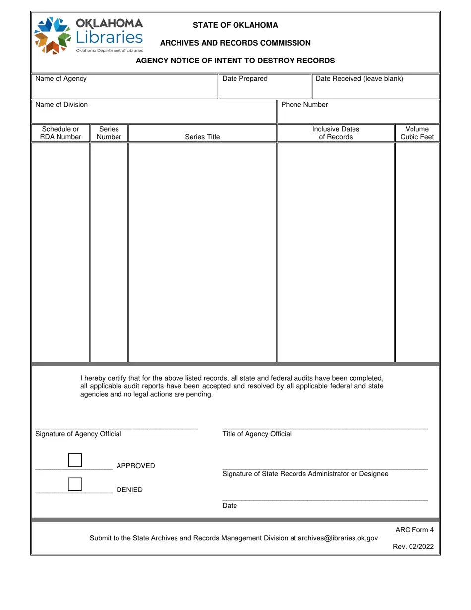 ARC Form 4 Download Fillable PDF or Fill Online Agency Notice of Intent