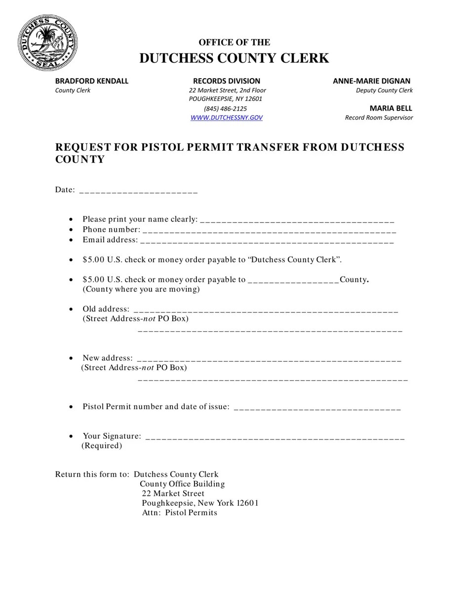Dutchess County, New York Request for Pistol Permit Transfer From